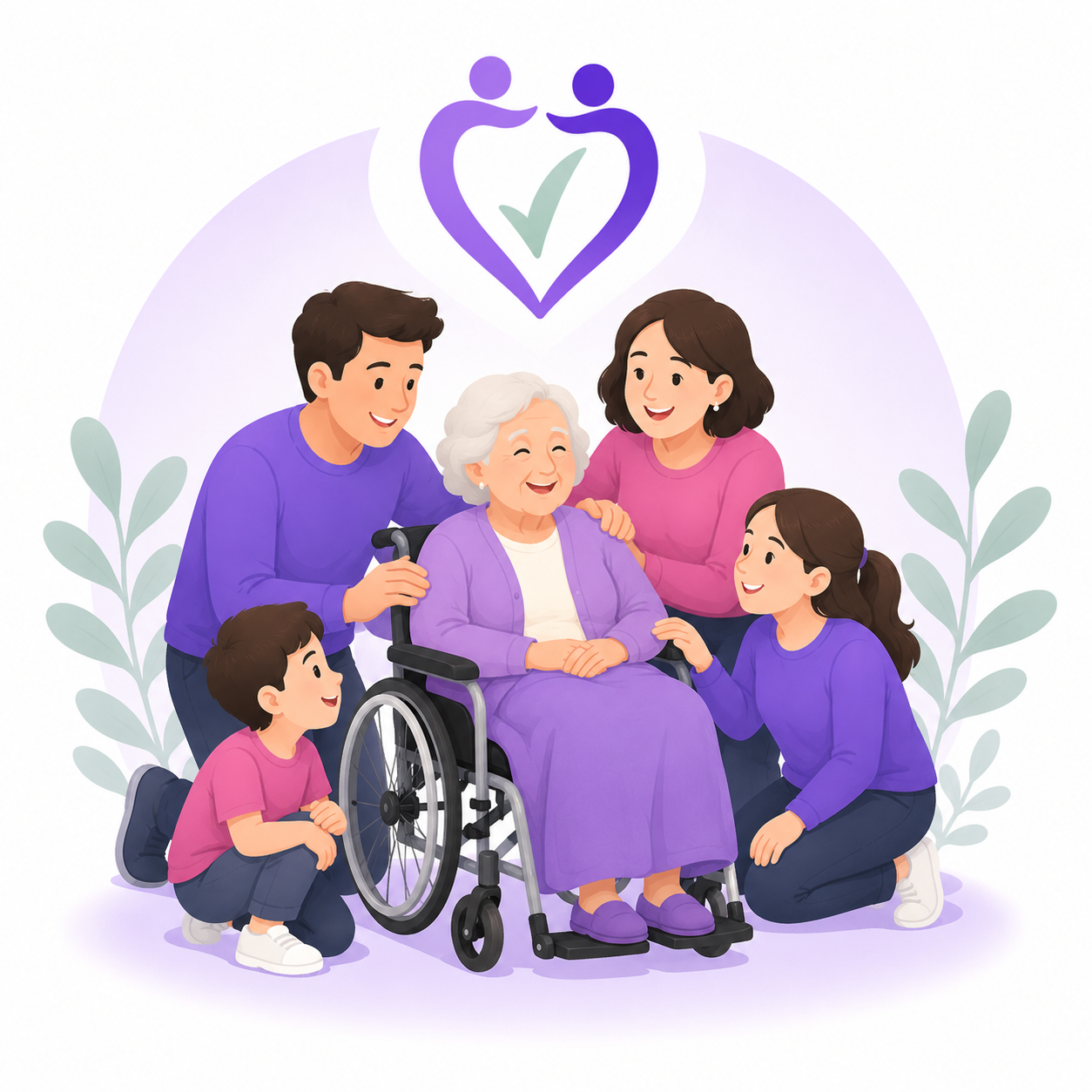 Une résidente en fauteuil roulant entourée de sa famille, illustration E-sensya & Co