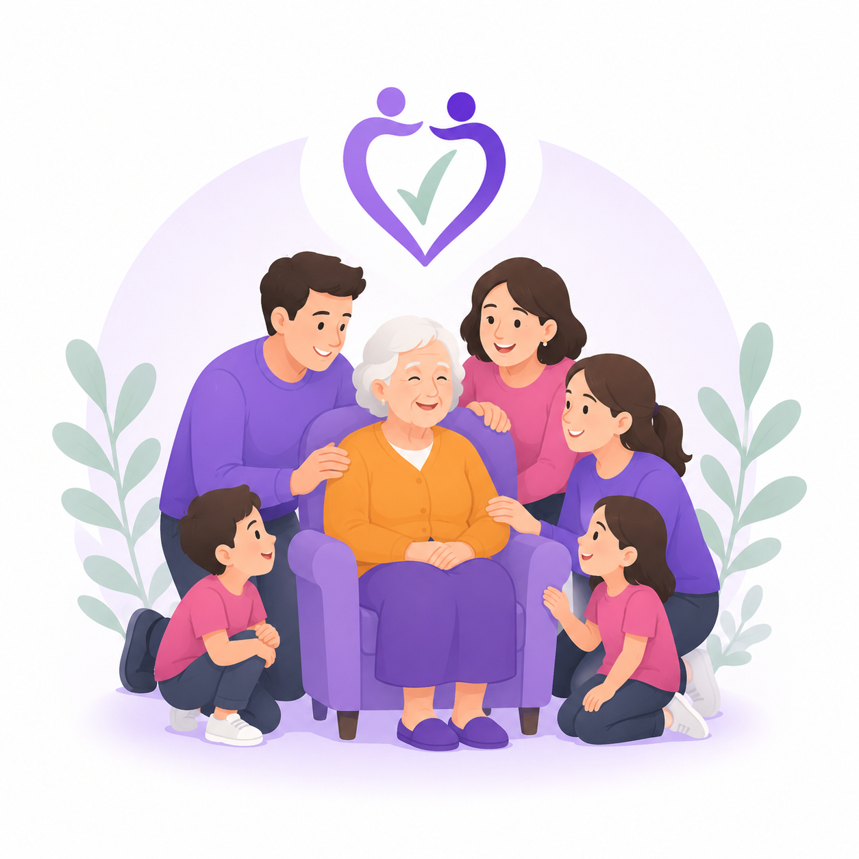 Une résidente entourée de sa famille, illustration E-sensya & Co